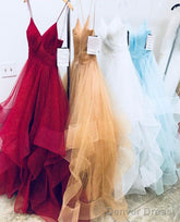 V Neck White/Burgundy/Champagne/Blue Wedding Gowns, V Neck Prom Dresses